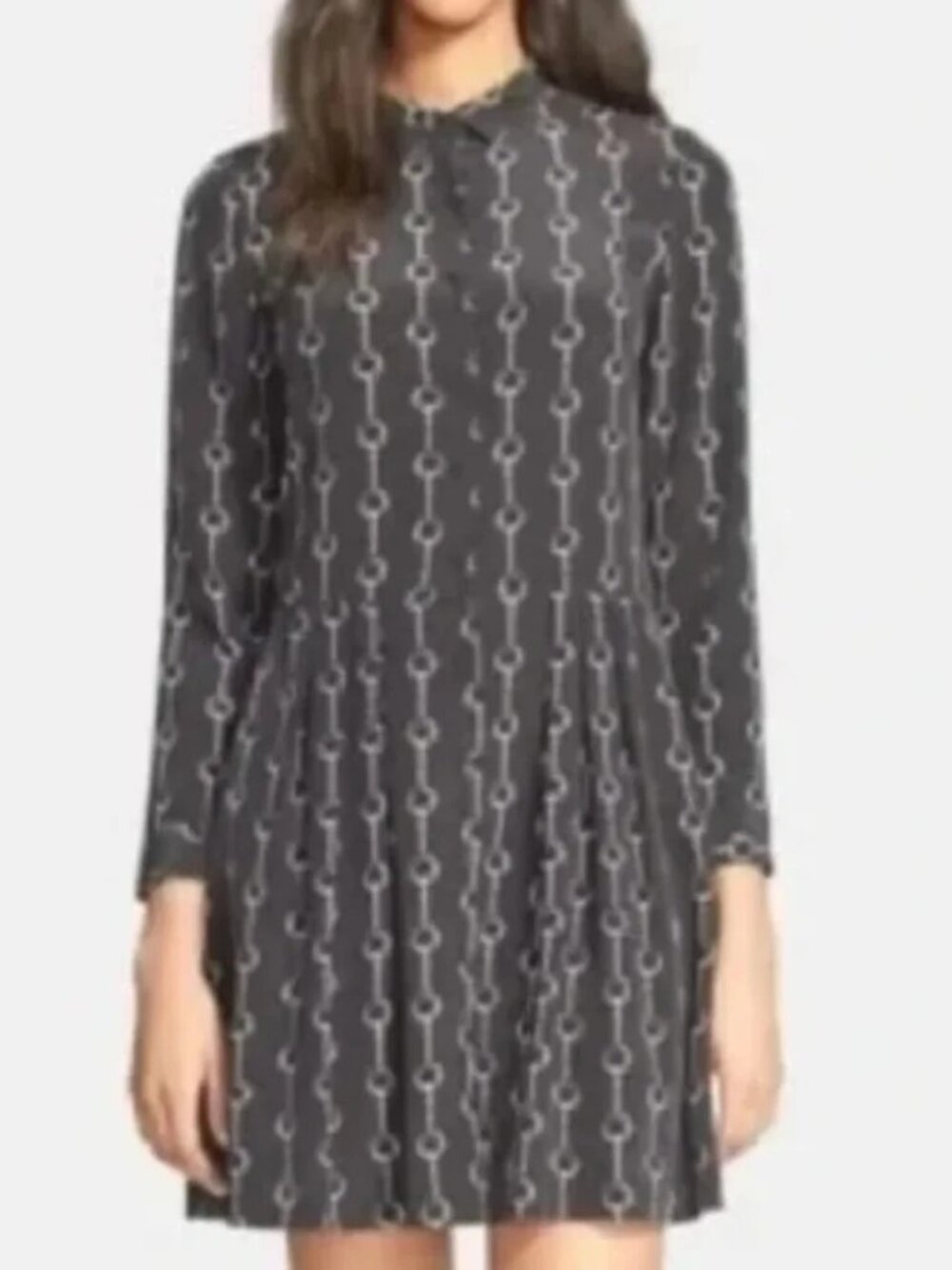 The Kooples Black Silk Mini Shirt Dress XL* Cuffs Print Long Sleeve Pleated Edgy